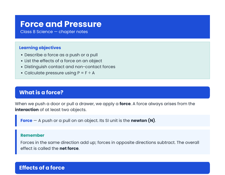 Study notes with definitions, a formula box and a table