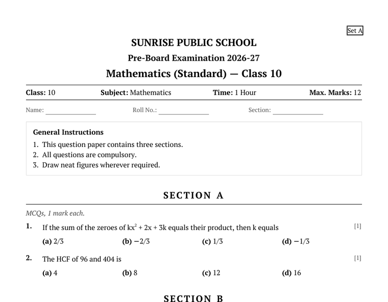 A board-pattern question paper with sections and marks