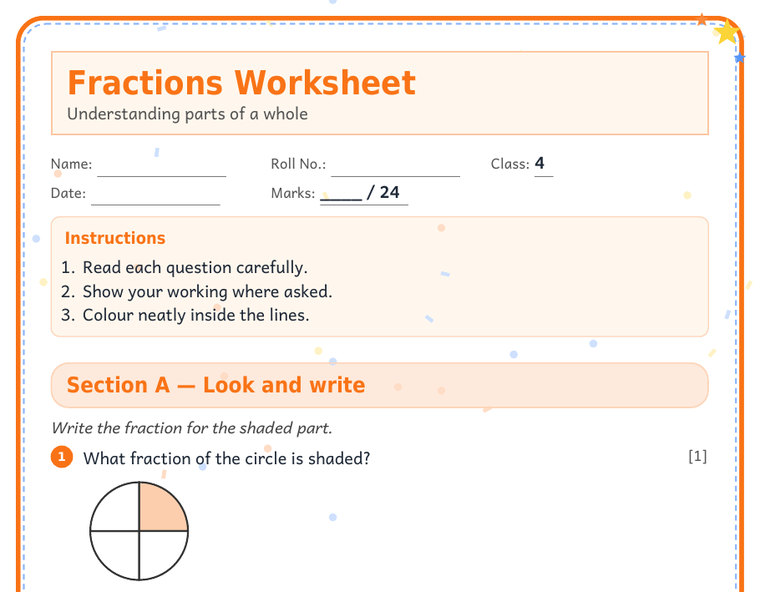 A Class 4 fractions worksheet with pictures and an answer key